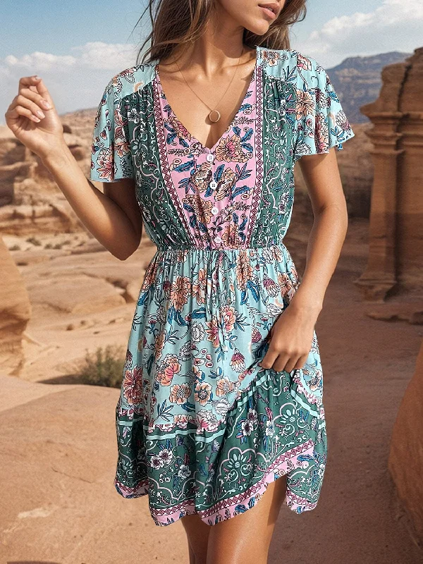 Dresses for party-Printed V-Neck Flutter Sleeve Dress