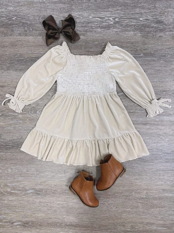 Dresses for mother of bride-Ivory Puff Sleeve Smocked Girls Velvet Dress