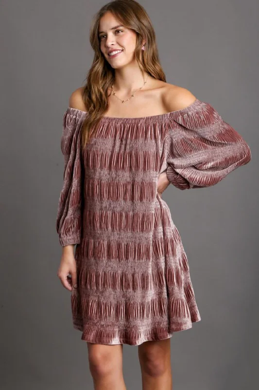 Dresses with stripes-Umgee Off-Shoulder Balloon Sleeve Velvet Mini Dress