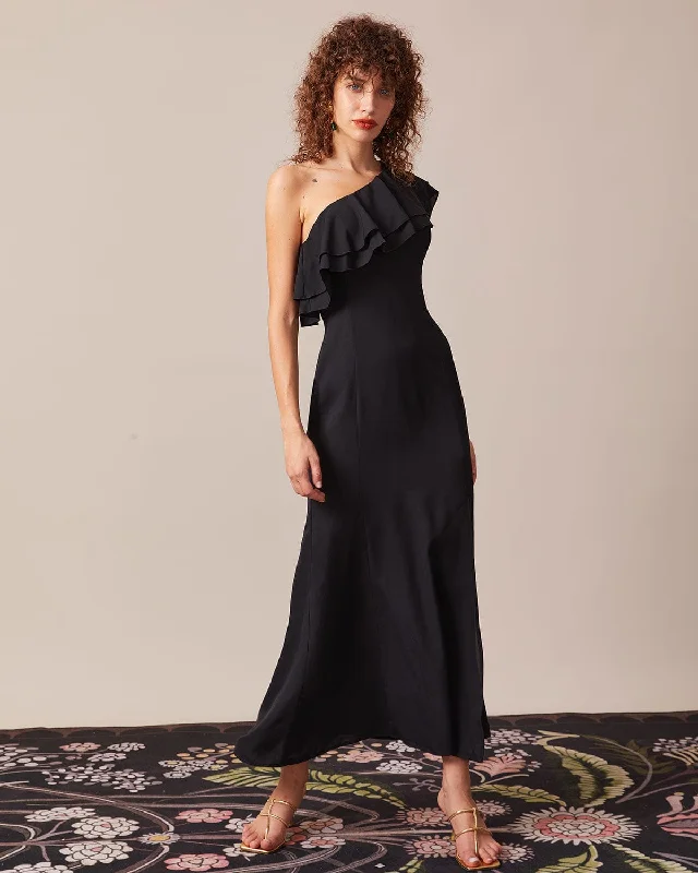 Dresses for 1920s theme-The Black One Shoulder Flounce Maxi Dress