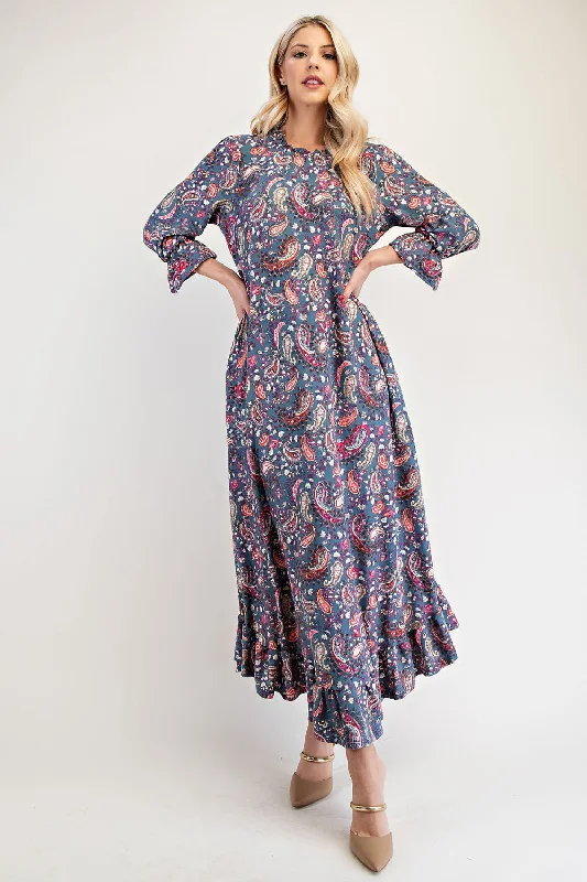 Dresses for Thanksgiving-Celeste Full Size Ruffle Hem Paisley Round Neck Dress