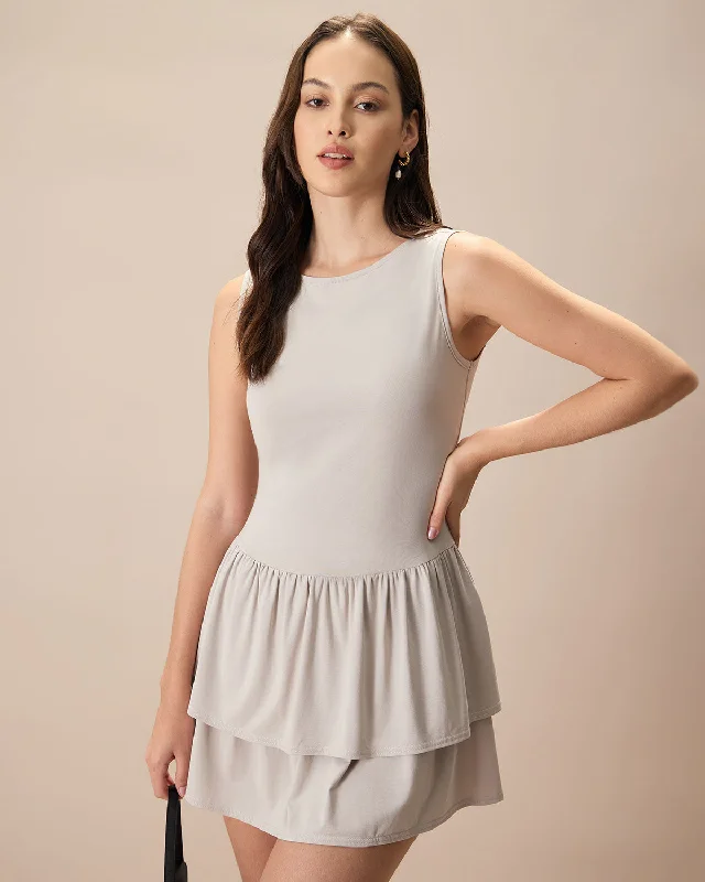 Dresses for tech conferences-Women's Grey Crew Neck Ruffle Tiered Cotton Mini Dress