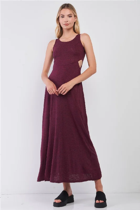 Dresses for daytime weddings-Wine Sleeveless Round Neck Crochet Back Detail Cut-Out Maxi Dress