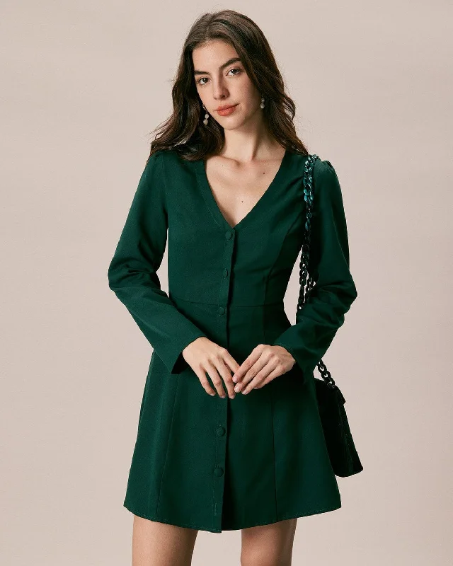 Dresses for confirmations-The Green V Neck Button Shirt Mini Dress