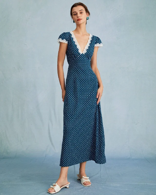 Dresses with low neckline-The Navy V Neck Polka Dot Lace Ruched Maxi Dress