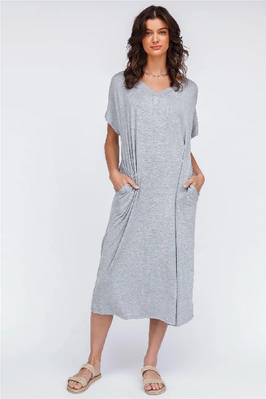 Dresses for tiered design-Heather Grey V-Neck Short Sleeve Midi Dress