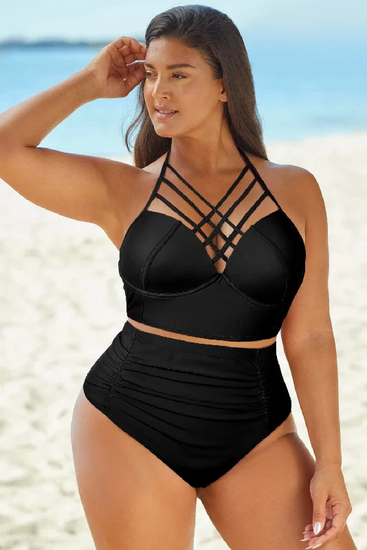 Swimwear tight fit-Full Size Halter Neck Crisscross Ruched Two-Piece Swimsuit