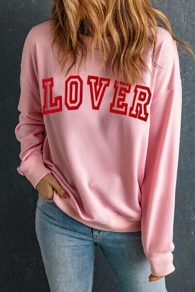 Hoodies & Sweatshirts thrifted-LOVER Round Neck Dropped Shoulder Sweatshirt