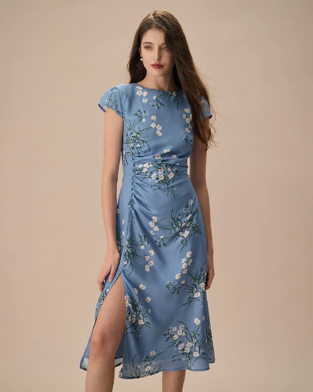 Dresses for craft fairs-The Blue Round Neck Slit Floral Midi Dress