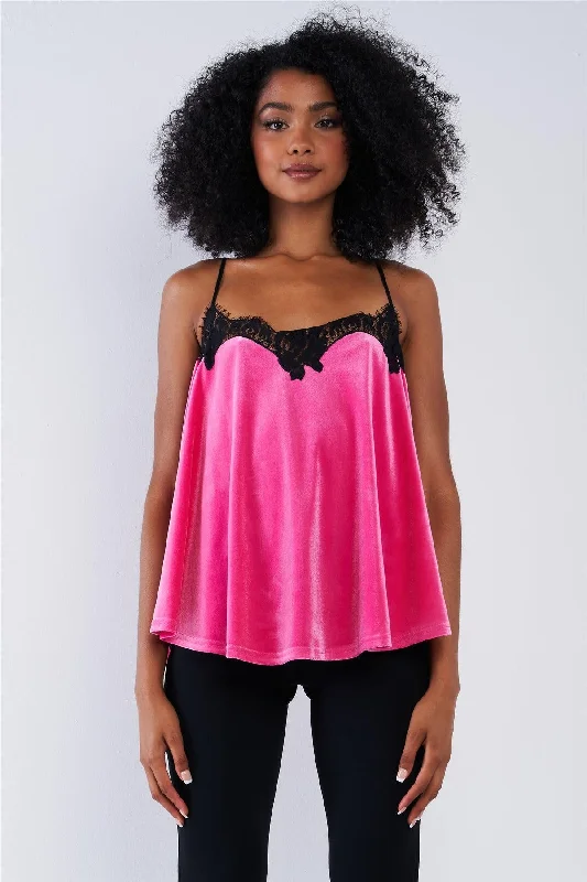 How to train a puppy-Raspberry Pink Velvet Black Lace Hem Detail Cami Top