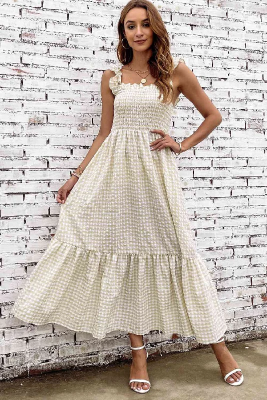 Dresses for swing dancing-Plaid Ruffle Strap Square Neck Dress