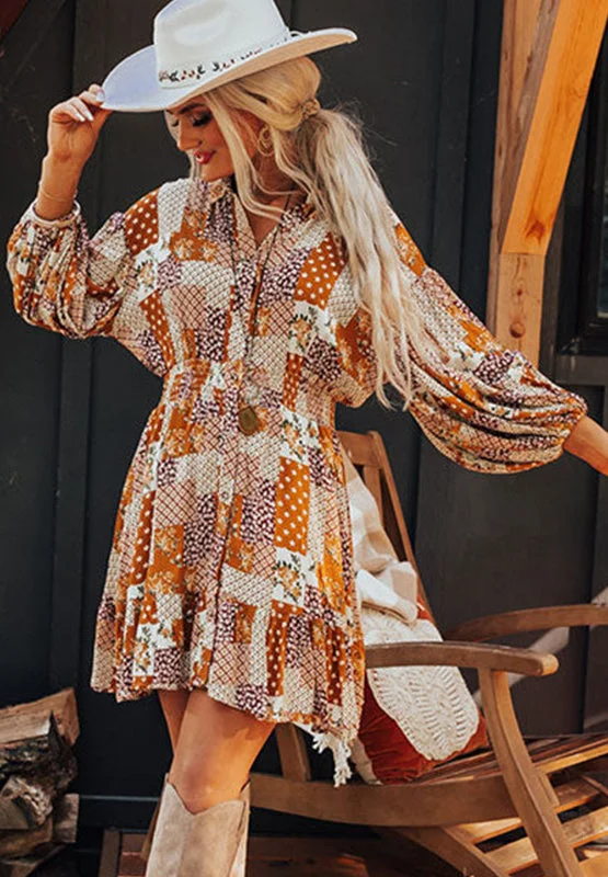 Dresses for train travel-Printed Collared Neck Three-Quarter Sleeve Mini Shirt Dress