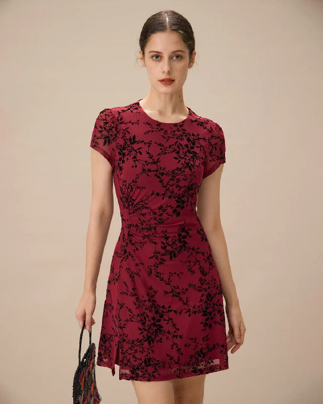 Dresses for futuristic design-Red Floral Boat Neck Mini Dress