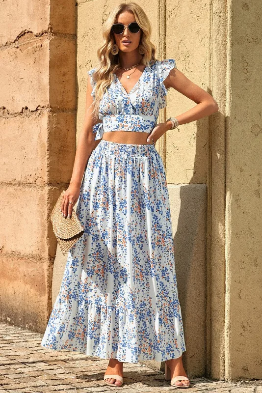 Ways to make money from home-Printed Tie Back Cropped Top and Maxi Skirt Set