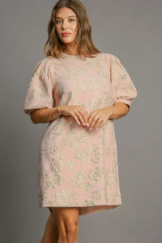 Dresses for maternity-Umgee Floral Jacquard Puff Sleeve Mini Dress