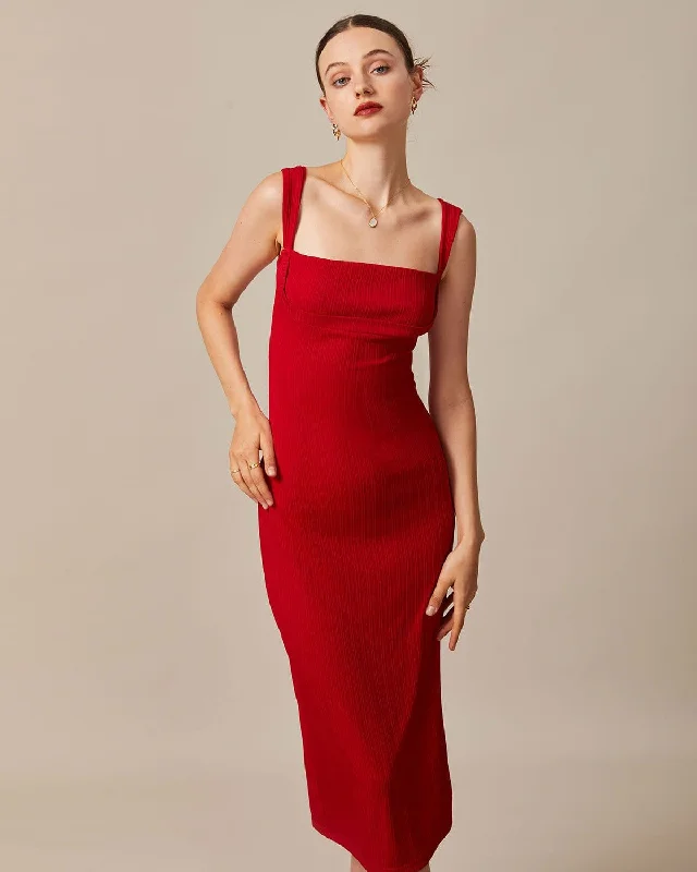 Dresses for celebrations-The Red Square Neck Ribbed Midi Dress