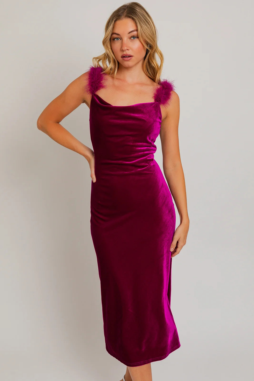 Dresses for drop waist-Velvet Feather Shoulder Trim Side Slit Midi Dress