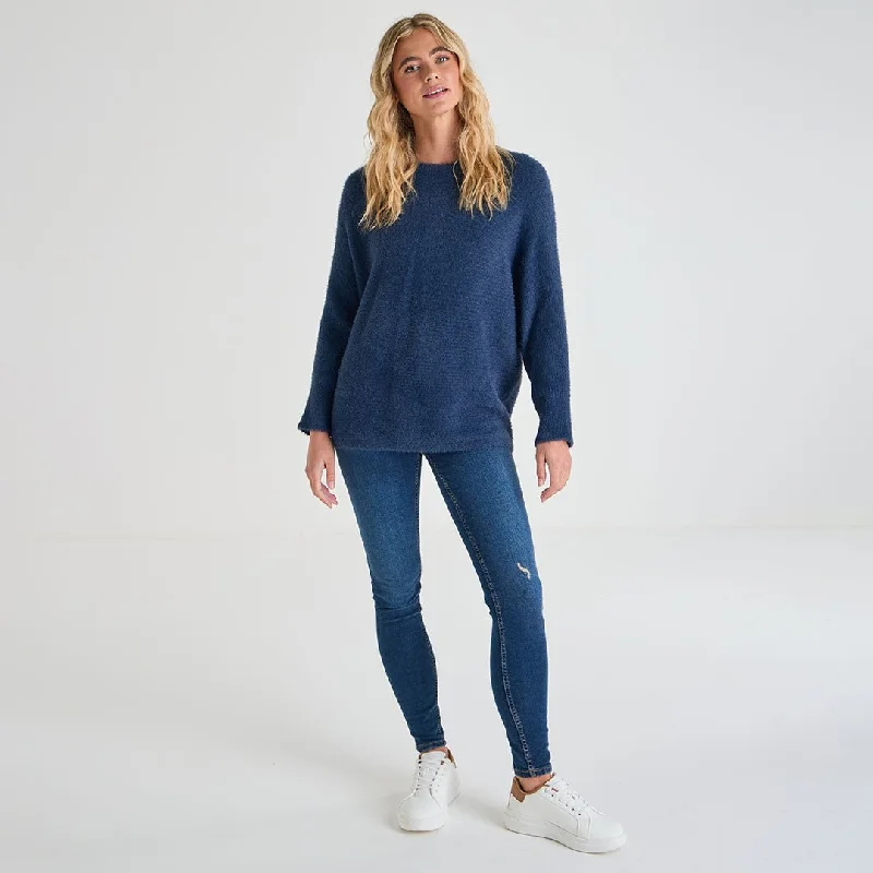 Sweaters for workshops-Ladies Ribbed Eyelash Batwing Jumper