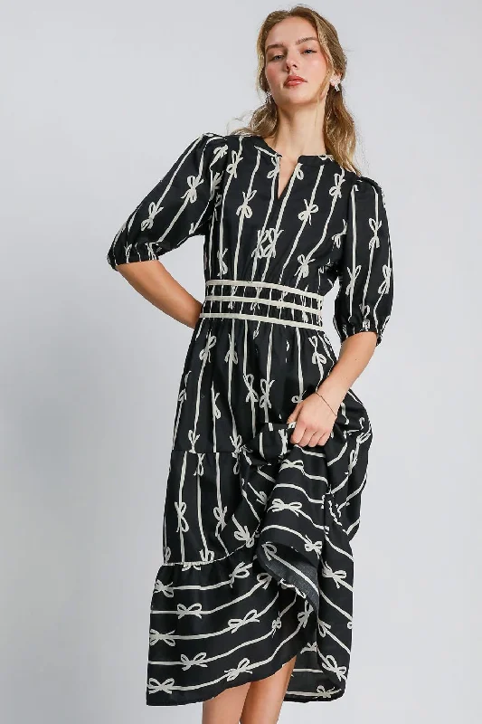 Dresses with maxi length-Umgee Bow Tie Print Notched Contrast Velvet Trim Midi Dress