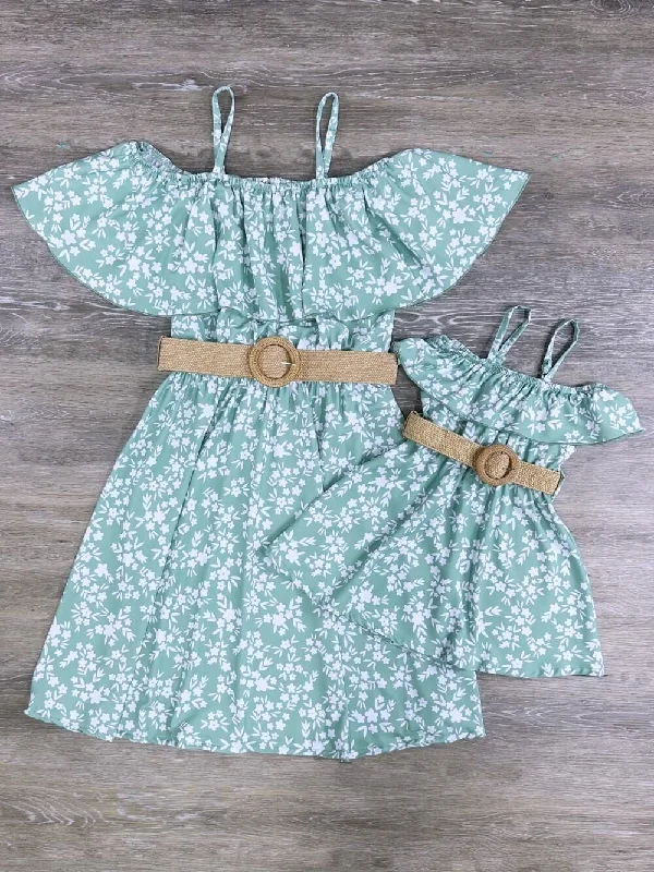 Dresses for punk fashion-Mommy & Me - Belted Green & White Floral Dress