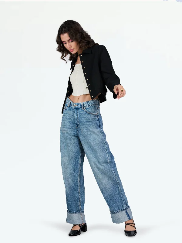 Bottoms with galaxy print-Lydia Mid Blue Wide Leg Jeans