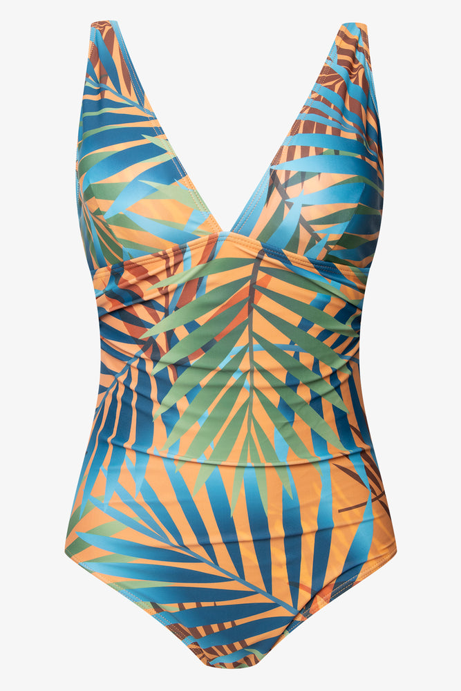 Swimwear for low maintenance-Fern Print Plunge Neckline Swimsuit Blue Multi