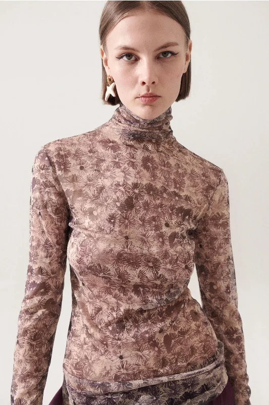 Women's Clothing surprise-Silk Laundry Silk Mesh Turtleneck Aster Floral