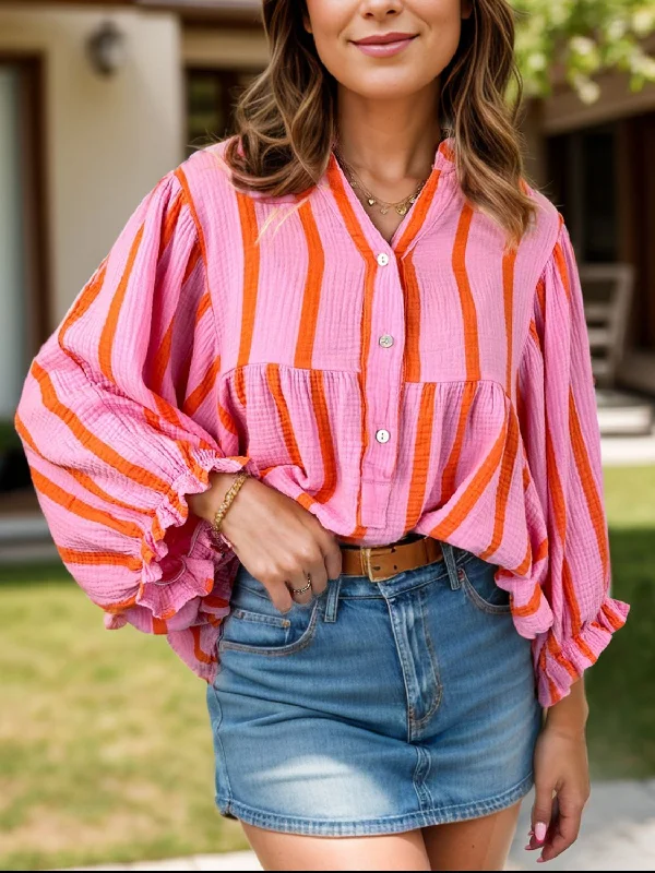 Women's Clothing jackets-Striped Notched Long Sleeve Blouse