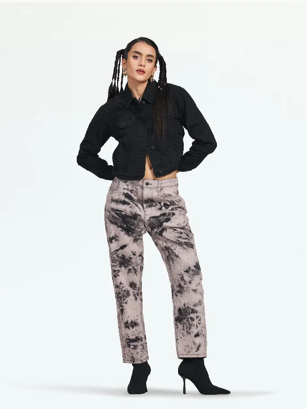 Bottoms with pom-pom trim-Valencia Black Tie Dye Mom Jeans