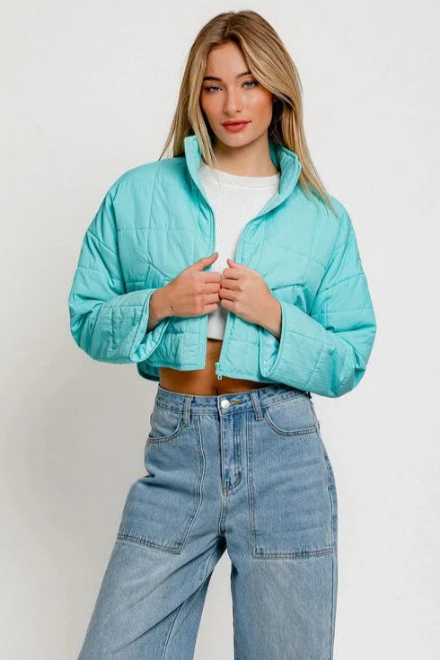 Jackets in plum-Lightweight Aqua Puff Zip Up Cropped Jacket