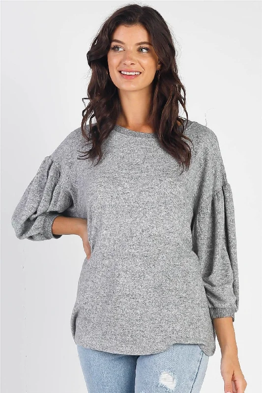 How to improve typing speed-Heather Grey Soft Long Sleeve Puff Ballon Top