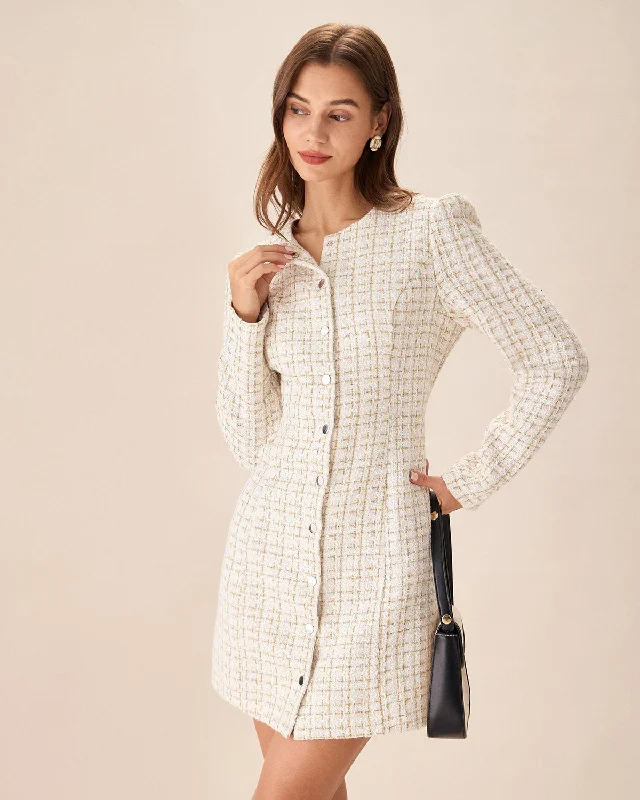 Dresses with cotton blend-White Square Neck Tweed Mini Dress