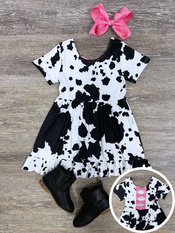 Dresses with asymmetrical hem-Cow You Doin' Girls Black & White Cow Print Dress