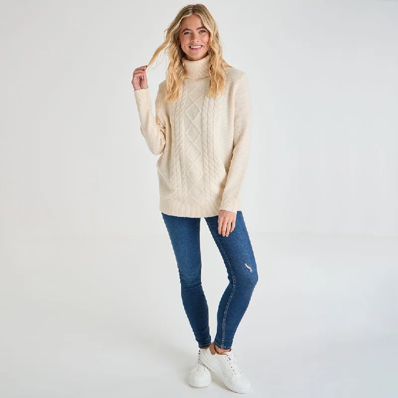 Sweaters for rodeos-Ladies Polo Neck Cable Knit Jumper