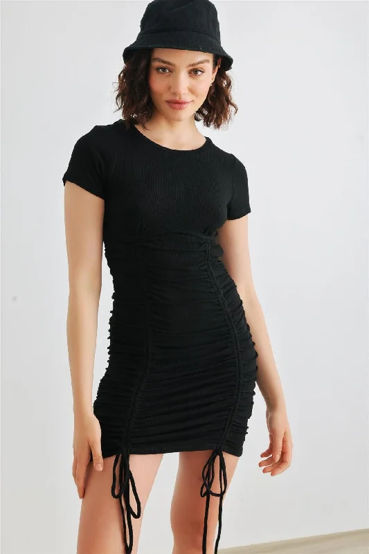 Dresses for intimate gatherings-Black Ribbed Short Sleeve Ruched Mini Dress /3-2-1