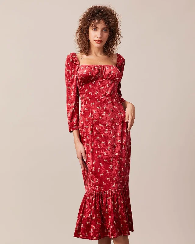 Dresses for casual Fridays-The Red Square Neck Floral Velvet Midi Dress