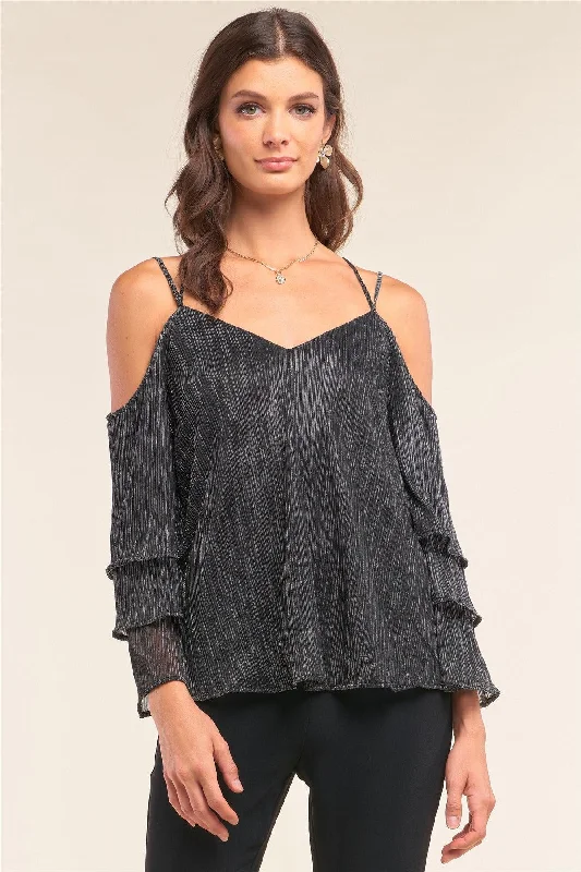 How to write a business plan-Silver Lining Shimmer Mesh Off-The-Shoulder Long Layered Sleeve Relaxed Fit V-Neck Crisscross Back Top