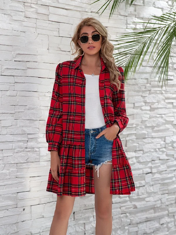 Dresses for winter-Ruffle Hem Plaid Button Down Long Sleeve Dress