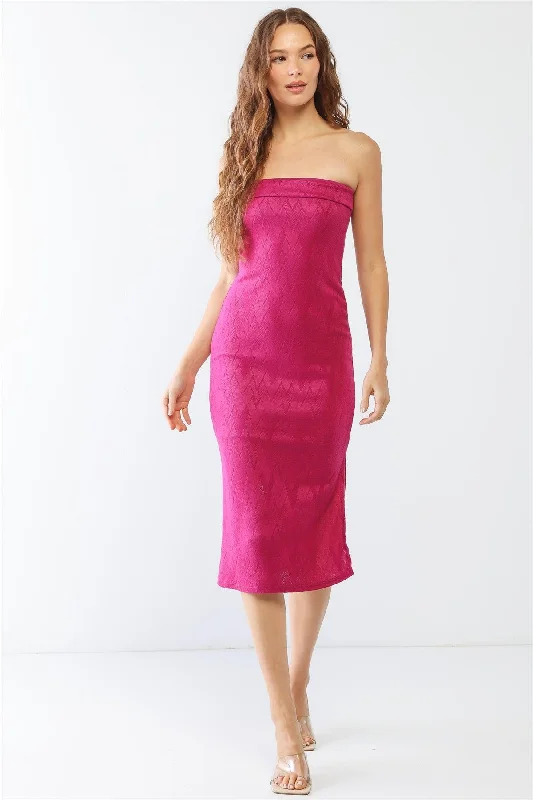 Dresses for St. Patrick’s Day-Magenta Geo Print Strapless Slit Midi Dress