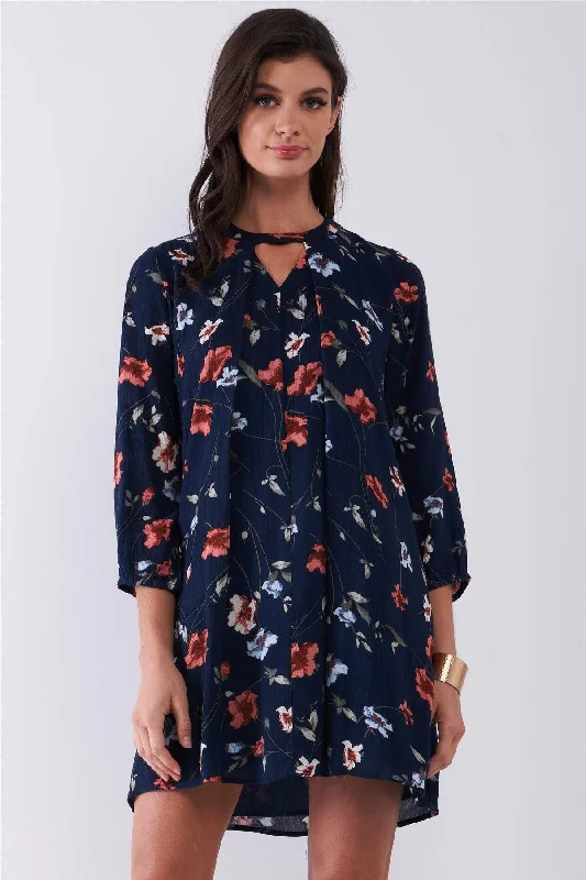 Dresses for beach ceremonies-Navy Multicolor Floral Print Long Sleeve Pleated Front V-Neck Loose Mini Dress