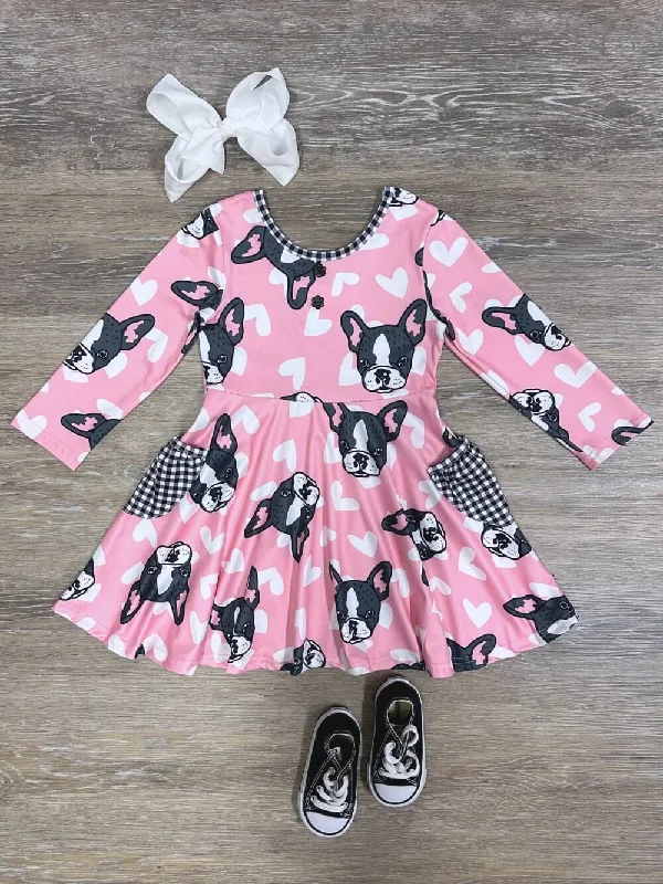 Dresses for lunch meetings-French Kiss Bulldog Pink Heart Pocket Girls Skater Dress