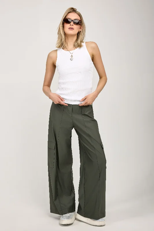 Bottoms for plus-size trendy-Teseo Satin Jersey Cargo Pant in Dark Green