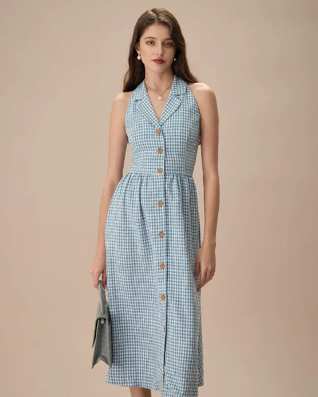 Dresses for conferences-The Blue Lapel Plaid Sleeveless Shirt Midi Dress