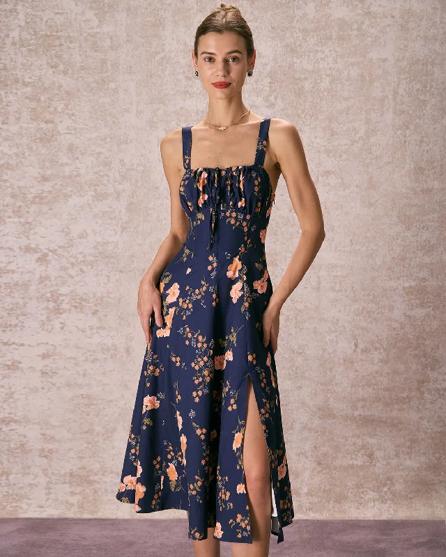 Dresses for networking events-The Navy Lace Up Floral Ruched Midi Dress