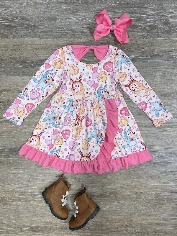 Dresses for sale-Dogs & Candy Hearts Hot Pink Ruffle Girls Long Sleeve Dress