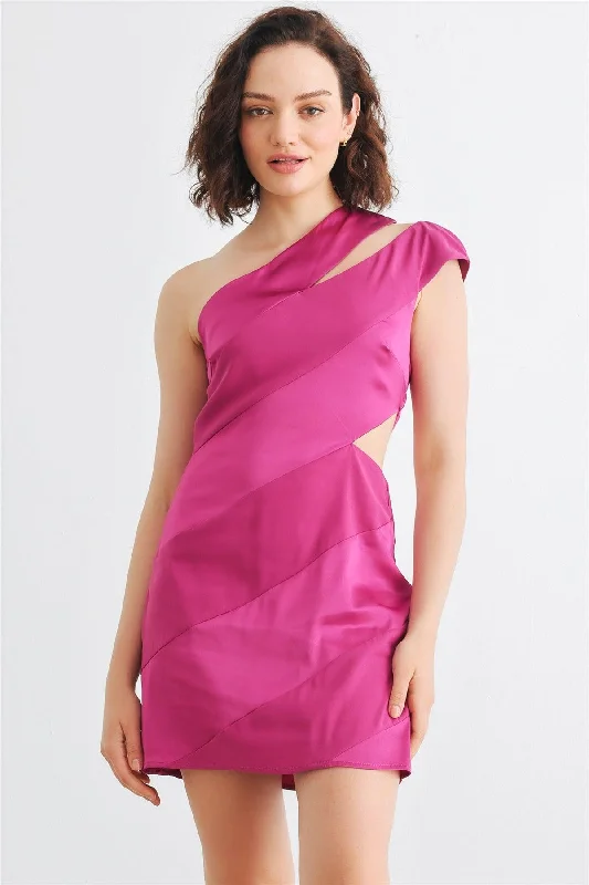 Dresses for pencil skirts-Magenta Satin Asymmetrical One Shoulder Cut-Out Mini Dress