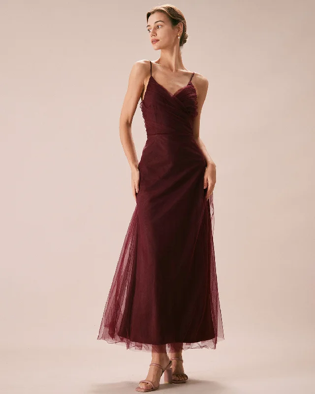 Dresses with mesh overlay-The Wine Red V Neck Mesh Wrap Maxi Dress