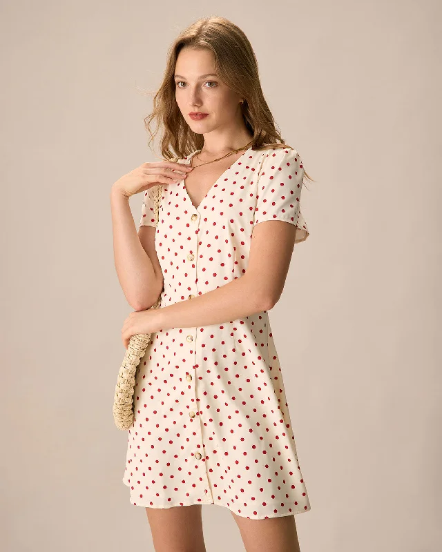 Dresses for medieval style-The Beige Polka Dot Button Mini Dress