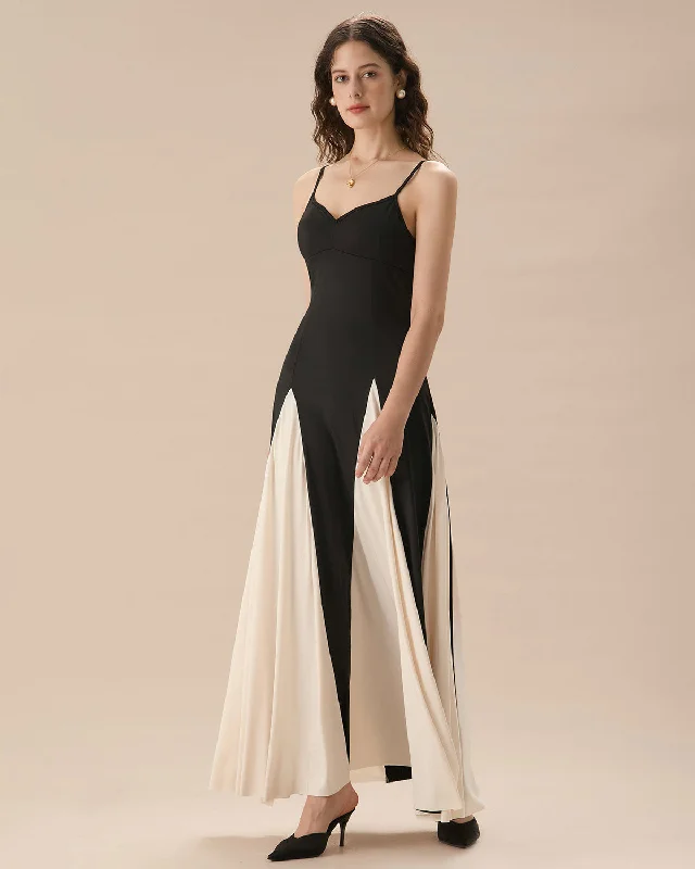 Dresses for opera-Women's Black Contrasting Pleated Slip Maxi Dress