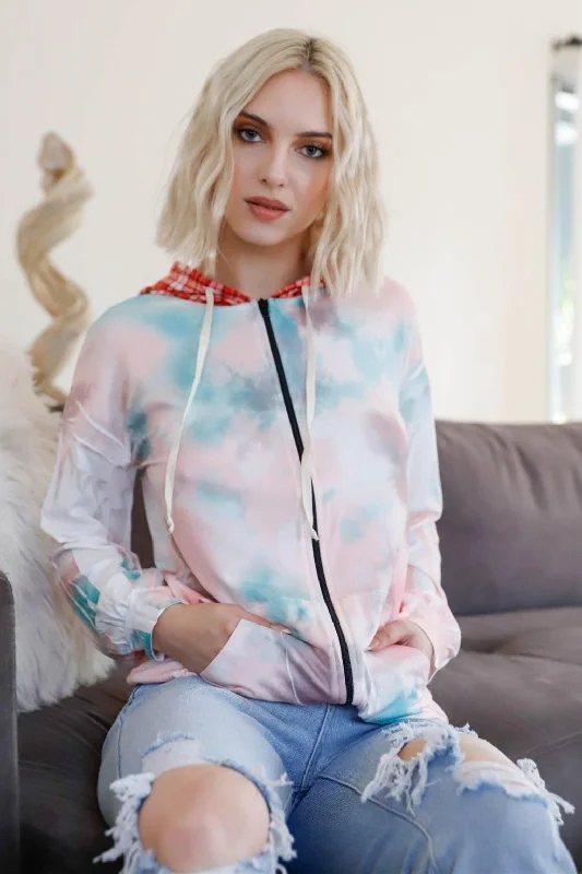 Hoodies & Sweatshirts Fourth of July-Dreamy Pastel Tie-Dye Plaid Accent Hoodie